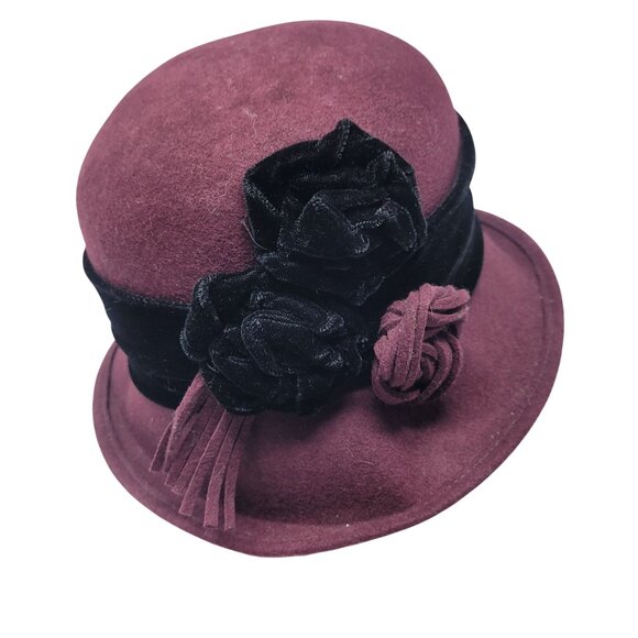 Soprattutto Wool Cloche Hat Purple Black Velvet Band Flower Tassel Italy Flapper - Picture 1 of 9